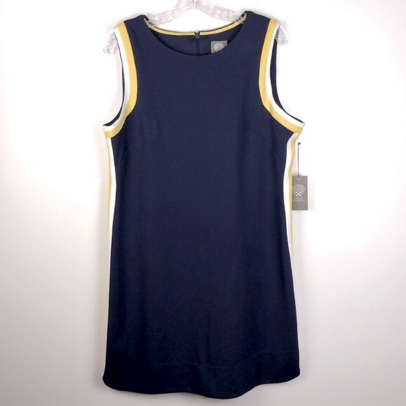 NWT Vince Camuto Striped Shift Dress, Navy Blue Yellow Gold Designer Mini Dress - Picture 2 of 5